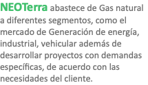 NEOTerra abastece de Gas natural a diferentes segmentos, como el mercado de Generación de energía, industrial, vehicular además de desarrollar proyectos con demandas específicas, de acuerdo con las necesidades del cliente. 